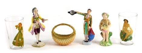 Various porcelain, etc., a Royal Worcester basket, blush ivory with gilt highlights, 10cm high, a porcelain figure of a gentleman holding flowers, marked Dresden, matador figures, two glass beakers, etc. (a quantity)