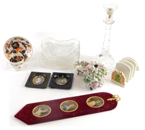 Various china and effects, 20thC portrait miniatures on card, cut glass candlestick, 29cm high, various crescent shaped serving dishes, porcelain bowl, toast rack, etc. (a quantity)