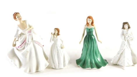 Various Royal Doulton figures, Carole, HN2961, 21cm high, Joy, Christmas Day, and the gemstones Collections May emerald, printed marks beneath. (4)