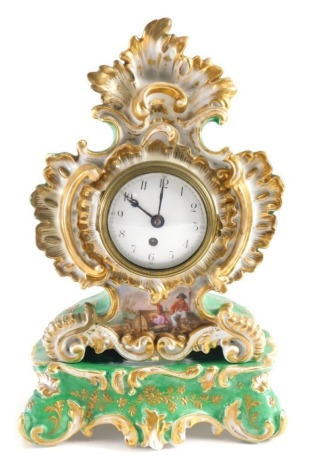 A 19thC French porcelain mantel clock by Jacob Petit, in a shaped gilt highlighted shell, scroll and floral case, hand painted with a scene of fisherman fixing a boat before ships, with 6cm diameter enamel dial, on a removable scroll base with painted ini