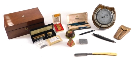 Various treen and collectables, a horseshoe oak backed barometer, 16cm high, HMV needle cleaner, cased pocket lighter, various Parker pens, to include fountain pen, etc. (a quantity)