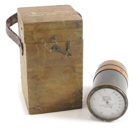 A cased 20thC Short's gas leak indicator, 7cm diameter in a named fitted case with visible dovetails.