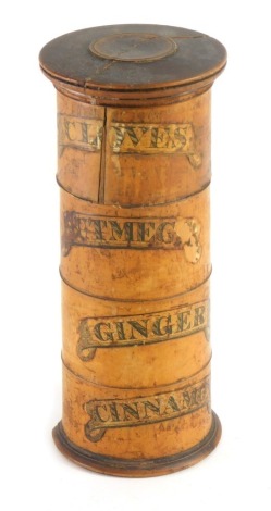 A 19thC sycamore four sectional spice tower, cloves, nutmeg, ginger and cinnamon, with removable sections, 20cm high. (AF)