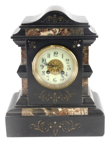 A 19thC slate and marble mantel clock, with 10cm diameter Arabic dial, fitted in and Architectural case, with fern leaf scroll decoration to the base, with eight day movement, 34cm high with key and pendulum.