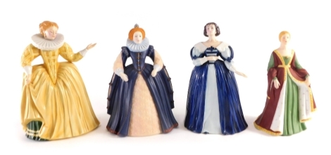 Various Franklin porcelain figures, Henrietta The Pavane, circa 1984, 23cm high, Catherine The Galliard and two matt finish figures, Elizabeth I limited edition and Isabella of Spain, printed marks beneath. (4)