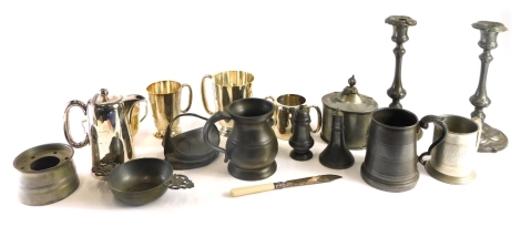 Various pewter 19thC and other, a porringer with Tudor Rose centre and pierced handles, 20cm wide, pair of candlesticks, other silver plated ware, etc. (a quantity)