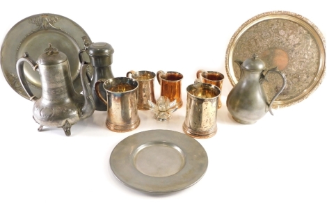 Various pewter metalware etc., silvered tankard, other 19thC, lidded ewer, 20cm high. (a quantity)