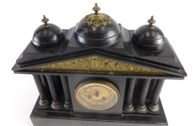 A Victorian black slate mantel clock, the 11cm diameter Arabic dial with eight day movement, flanked by six columns, in an architectural case, with classical figures surmounted by urns, with key and pendulum. 39cm high. - 2