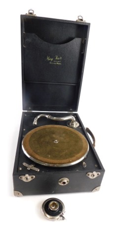 A mid 20thC Mayfair table top gramophone, with chrome baize lined turntable, with chrome arm in pressed leather case, 16cm high.