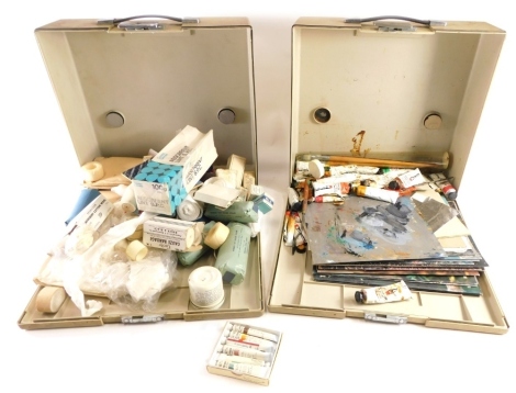 Various artist's materials, Winsor and Newton products, paints, oil paints, etc., in 2 cases, 39cm wide.