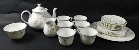 A Wedgwood Campion pattern part tea service, comprising serving plates, 26cm wide, teapot, cups, saucers, milk jugs, sugar bowl, printed marks beneath (a quantity)