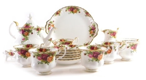 Various Royal Albert Old Country Roses teaware, to include teapot, sandwich plate 25cm wide, cups saucers, milk jug, sugar bowl, and two miniature wheel barrow ornaments, printed marks beneath, (a quantity)