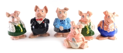 A set of five Wade Natwest pigs, to include Maxwell, marked beneath, with stopper, 19cm high, and a further pig similar (6)