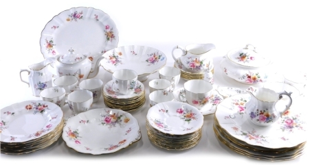 Various Royal Crown Derby Posies pattern dinnerware, shaped dish, 31cm wide, teapot, other serving pieces, lidded tureen, plates, side plates, milk jug, hand bell, cups, etc. (a quantity)