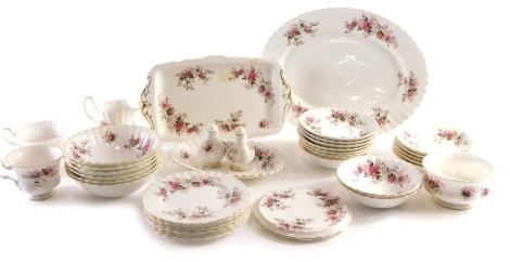 A Royal Crown Derby Lavender Rose part tea service, to include servicing plate 31cm, wide, cups saucers part cruet etc. (a quantity)