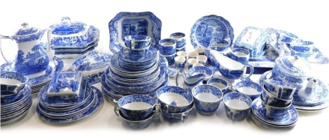 A comprehensive Copeland Spode and other blue and white pottery dinner service, to include mainly Copeland Spode Italian pattern, open vegetable dish, 26cm wide, teapot, serving dishes, plates, side plates, cups, saucers butter dish, cheese dish, lidded t
