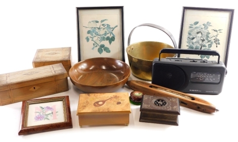 Various treen collectables etc., a brass jam pan with fixed iron handle, 26cm high, a heavily carved box, Roberts RP15 radio, etc. (a quantity)