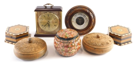 Various treen and effects, a Metamec mantel clock, with 11cm diameter Roman numeric dial, a pair of heavily carved bowls, wall barometer, pair parquetry and inlaid boxes, and a papier mache covered bowl. (a quantity)