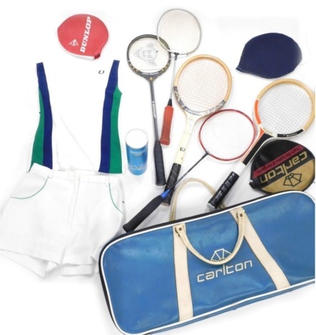 A vintage Carlton Sports tennis racket bag, containing a number of tennis and squash rackets, Wilson Flight, Dunlop squash racket, vintage St Michael tennis skirt, size 12 and Fred Perry vest top, etc. (a quantity)