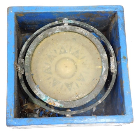 An Early 20thC ships compass, of large proportion, in a metal casing with black diamond decoration to the centre, 26cm diameter, in blue outer box.