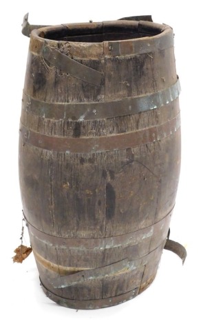 An early 20thC oak coopered stick barrel, of cylindrical form, Coopered oak stick barrel with metal banding, 62cm high.
