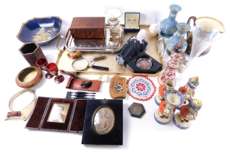 Various decorative china and effects, 19thC Staffordshire Toby part cruet set, late 19thC Wedgwood light blue jasperware vases, bird ornaments, unusual book pottery vase, magnifying glass, whistle, Crown Devon Bleur Royale dish, Churchill statue, jeweller