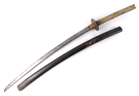 A principally early 19thC Japanese Samurai sword, with curved blade and turned handle, the blade later,