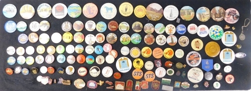 Various collectable badges, to include I Love Woody, 6cm diameter, others for York, Old King Cole, Mermaid Theatre, etc., on a black backing (a quantity).