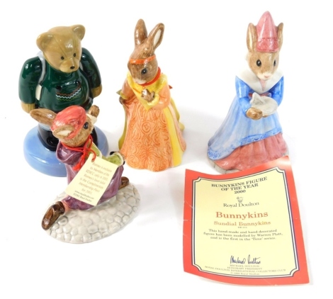 Various Wade and other figure groups, Camping Bear 1998, Official International Collectors club figure, 12cm high, a Royal Doulton figures, Juliet, Sundial Bunnykins DB213 with certificates and another Romeo Bunnykins, printed marks beneath. (4)