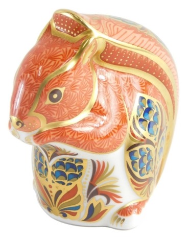 A Royal Crown Derby paperweight ornament squirrel, printed marks beneath, gilt stopper, 10cm high.