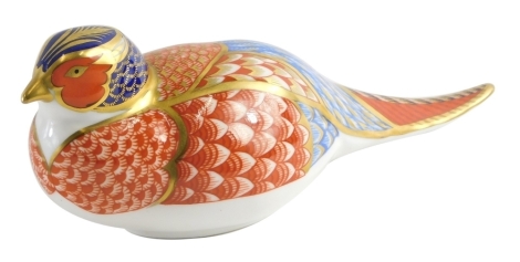 A Royal Crown Derby paperweight ornament pheasant, printed marks beneath, silver gilt stopper, 8cm high.