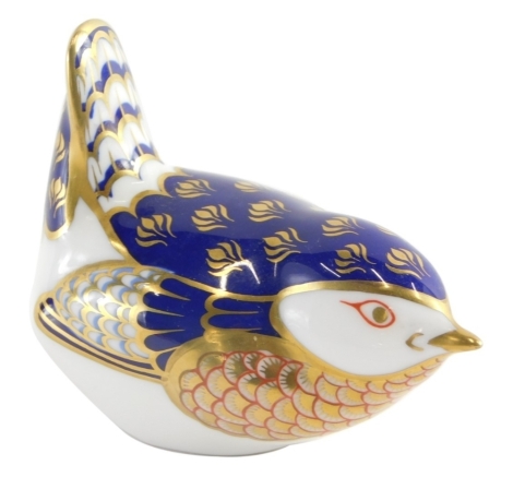 A Royal Crown Derby paperweight ornament bird, printed marks beneath, silver gilt stopper, 7cm high.