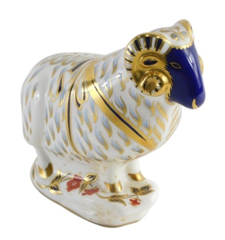 A Royal Crown Derby paperweight ornament ram, printed marks beneath, gilt stopper, 15cm high.