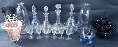 Various Studio glass, a pair of crackle glass vases, tapering glass vase, quantity of earlier glassware, decanters, to include mallet shaped 30cm high, suite of drinking glasses, etc. (a quantity)