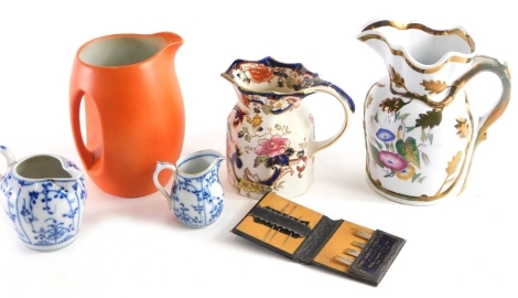 Various pottery and effects, Masons ironstone jug, Greene retro orange pouring jug, 17cm high, notebook, further pottery, etc. (a quantity)