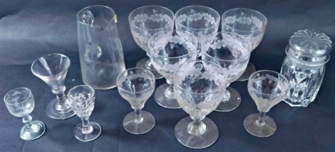 A suite of wine glasses, each with etched leaf decoration on circular feet, 14cm high, other glassware, jug, etc. (a quantity)