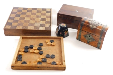 Various treen, and other items, a 19thC domed topped walnut tea caddy, a rosewood jewellery box with mother of pearl inlay, 26cm wide, games board, etc. (a quantity)