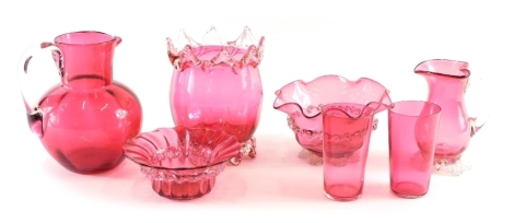 Various cranberry glass, early 20thC and later, flared sugar bowl, 15cm wide, other vases, graduated pair of beakers, etc. (a quantity)