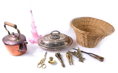 Various collectable items, wicker basket, silver plated entree dish and cover, 30cm wide, copper kettle and a glass epergne trumpet. (a quantity)