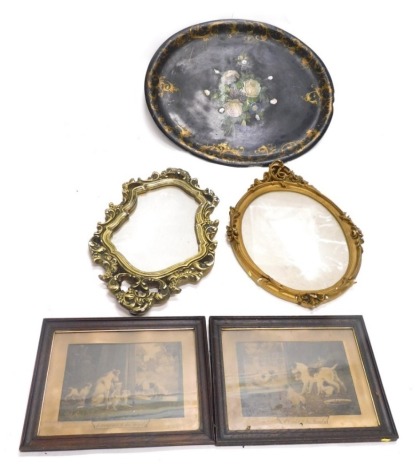 Various decorative items, mirrors, a Victorian papier mache serving dish with gilt highlights and further decoration, 79cm wide, etc. (a quantity AF)