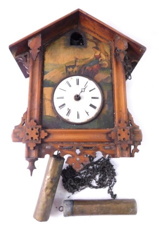 A heavily carved late 19thC Swiss cuckoo clock, painted with a scene showing Heidi with 9cm diameter enamel dial in heavily carved case with single weight.