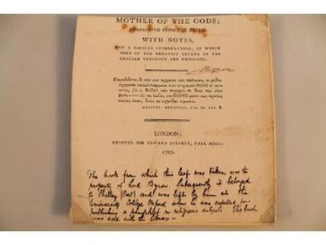 Lord George Gordon Byron Interest - a partial title page from a book Mother of The Gods