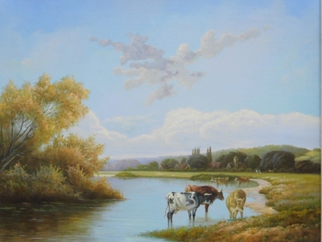 Paul Strain (20thC). Cattle in a stream, oil on canvas, signed, 52cm x 59cm.