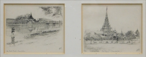 E. L. M. (20thC). The South Moat, Mandalay and the Palace, etchings, signed, one framed, each 9cm x 10cm.