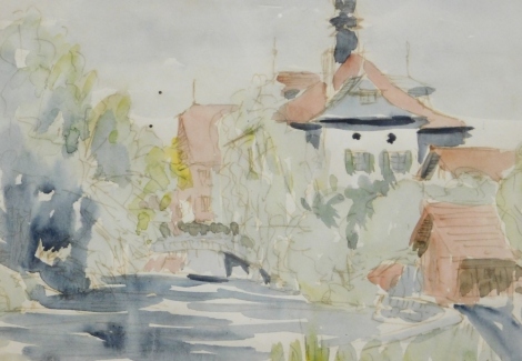 20thC School. Path before buildings with pond and trees, watercolour, dated 2/6/65, unsigned, 19cm x 27cm.